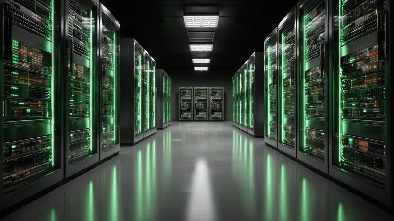 Futuristic Data Center with Illuminated Server Racks Showcasing Advanced Technology, Connectivity, and High-Capacity Storage Solutions for Modern Digital Infrastructure