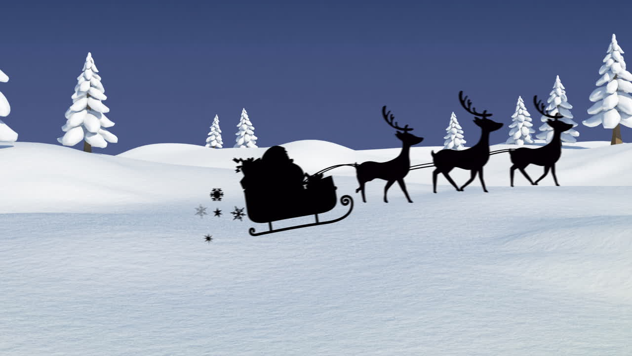 Animation of santa claus in sleigh with reindeer seen seen through window
