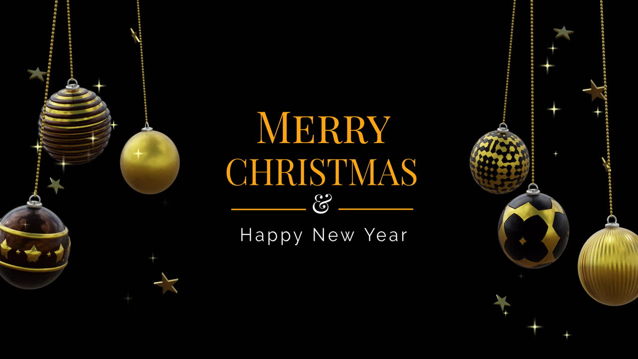 feliz navidad y feliz año nuevo texto con bolas negras y doradas balanceándose sobre fondo negro