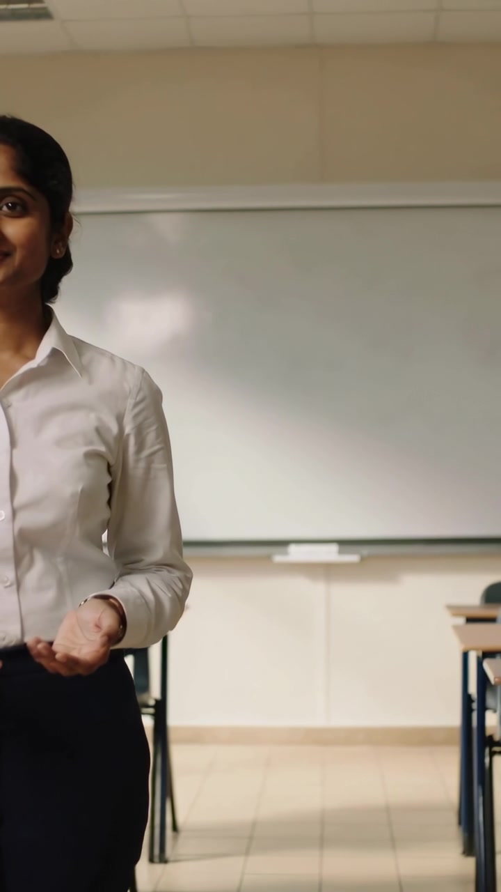 Video verticale: Donna indiana in camicia bianca che insegna alla lavagna, con spazio di copia