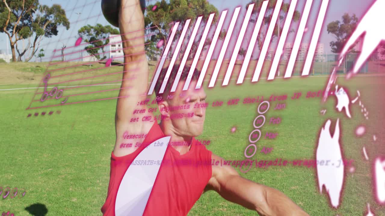 Fitness man reaching for kettlebell driving hip pressing up while pink graphics overlaying front