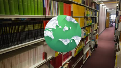 animation of globe over shelves with books in library