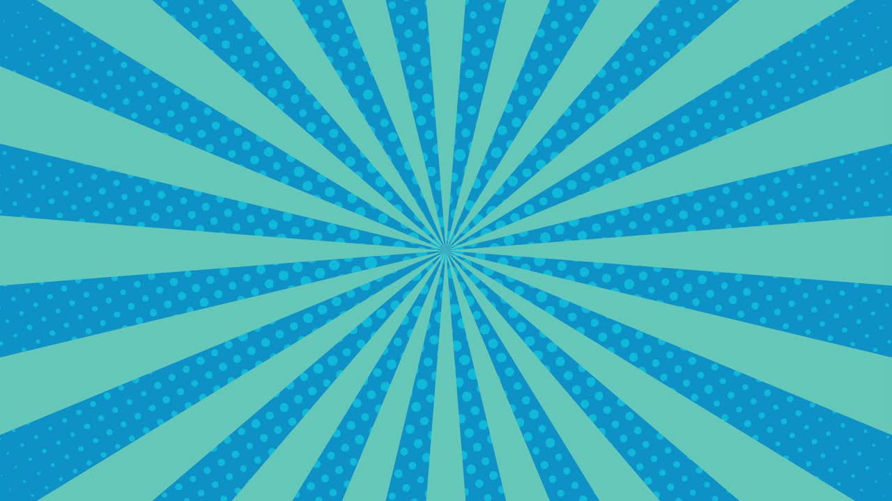 Light blue rays and halftone dots on a blue background. Simple motion graphic loop animation background in retro pop art style