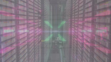 Animation-of-neon-glowing-tunnel-in-seamless-pattern-against-computer-server-room