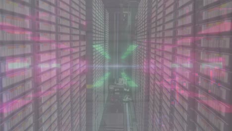 animación de un túnel brillante de neón en un patrón sin costuras contra la sala del servidor de computadora