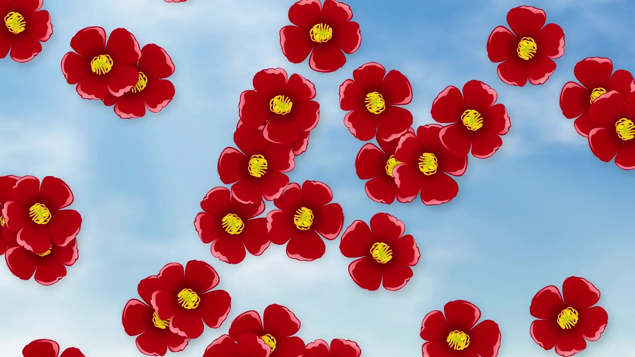 Fiori rossi stilizzati scendono attraverso un cielo azzurro brillante con soffici nuvole bianche
