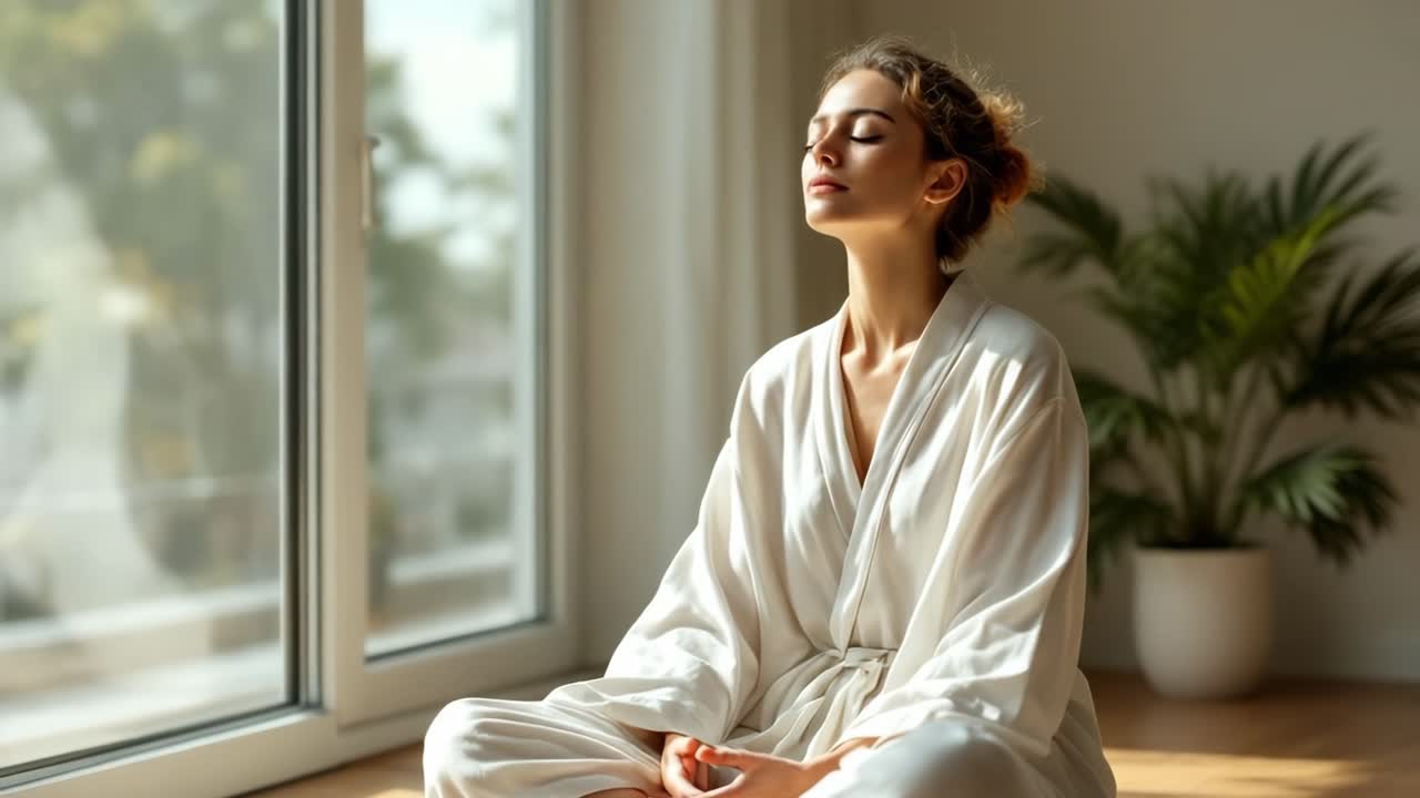 Serene woman practicing mindfulness, enjoying peaceful meditation in bathrobe by window, promoting wellness and relaxation