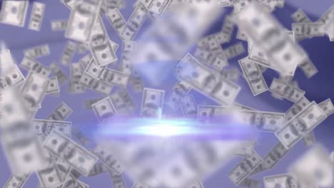 Animation-of-dollar-bills-rising,-with-moving-beam-of-light-on-grey-background