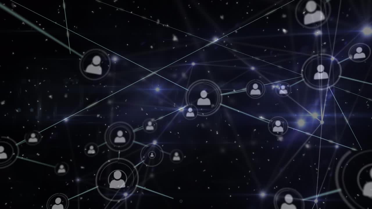 Animation of glowing network of connections and profile icons against black background