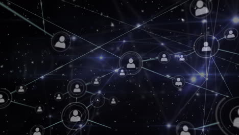 animación de la red brillante de conexiones y iconos de perfil contra fondo negro