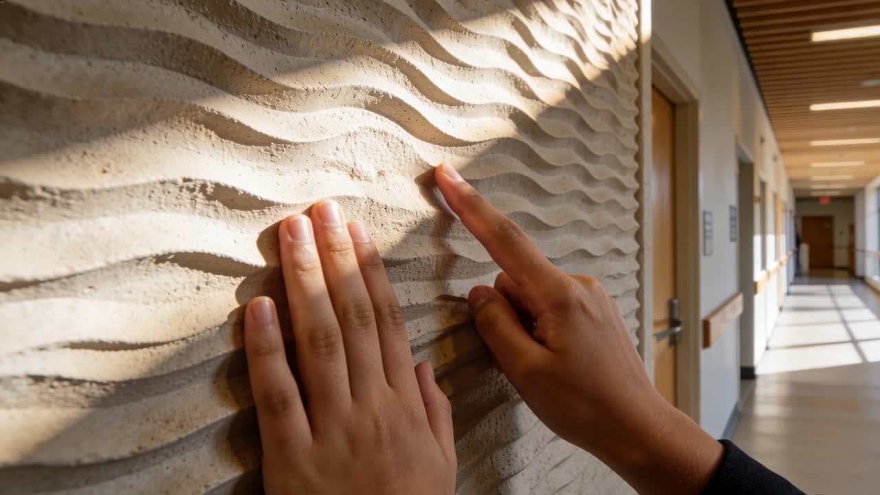 Person's hands placing left palm, tracing wavy wall in corridor, studying pattern for architecture