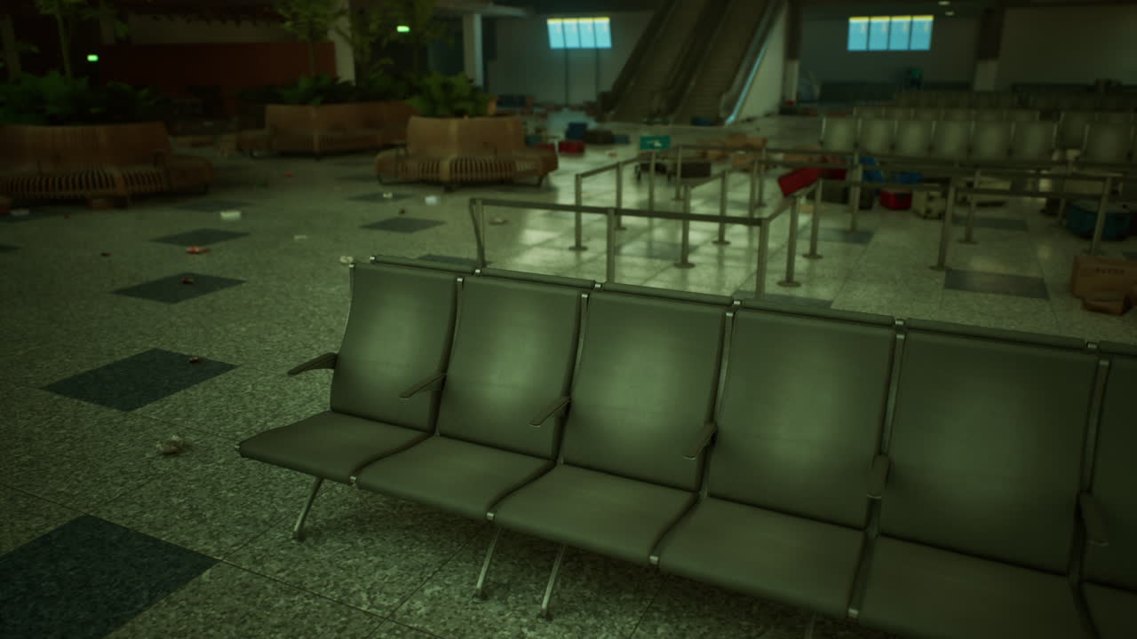 Exploring the remnants of an abandoned airport terminal with empty seating