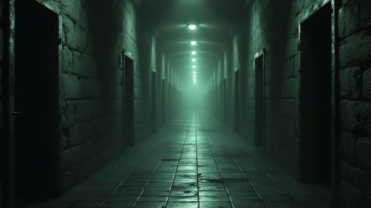Eerie Green-Lit Corridor with Multiple Doors
