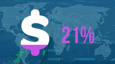 animación del signo de dólar con 0-79 por ciento de conteo sobre gráficos digitales y mapa