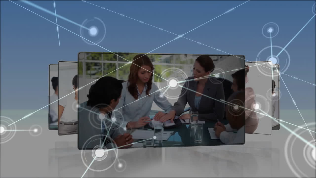 사무실에서 토론하고 일하는 다양한 사람들 위에 선으로 연결된 점들의 애니메이션