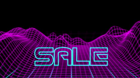 texto de venta de neón contra montañas digitales retro 4k