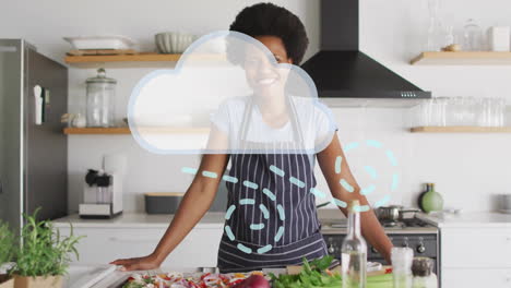 smiling woman in kitchen with cloud and lines animation overlay