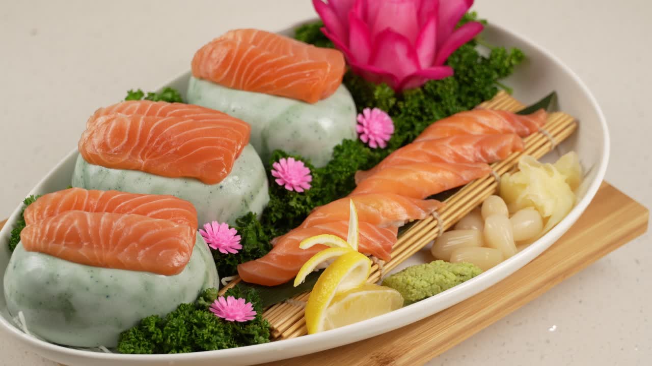 Thinly sliced fresh salmon resting on soft rice cakes, creating a smooth and subtle harmony. 신선한 연어가 쫀득한 떡 위에 올려져 부드럽고 은은한 맛을 이루는 한 접시.