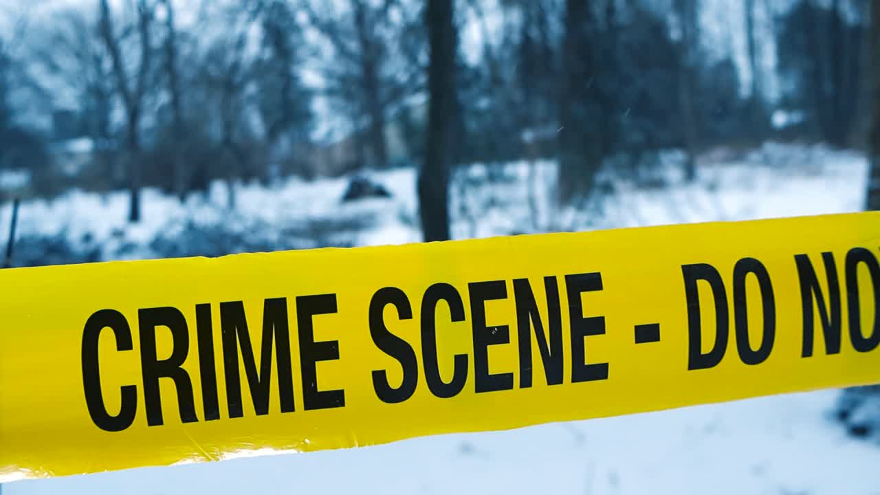 Yellow colored forensic police crime scene tape ribbon in front of a winter forest area during day time while snow is falling slowly and beautifully. Winter white forest is bokeh and blurry in back