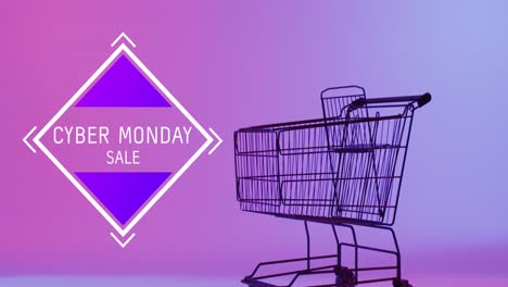 animation of cyber monday sale text over shopping trolley