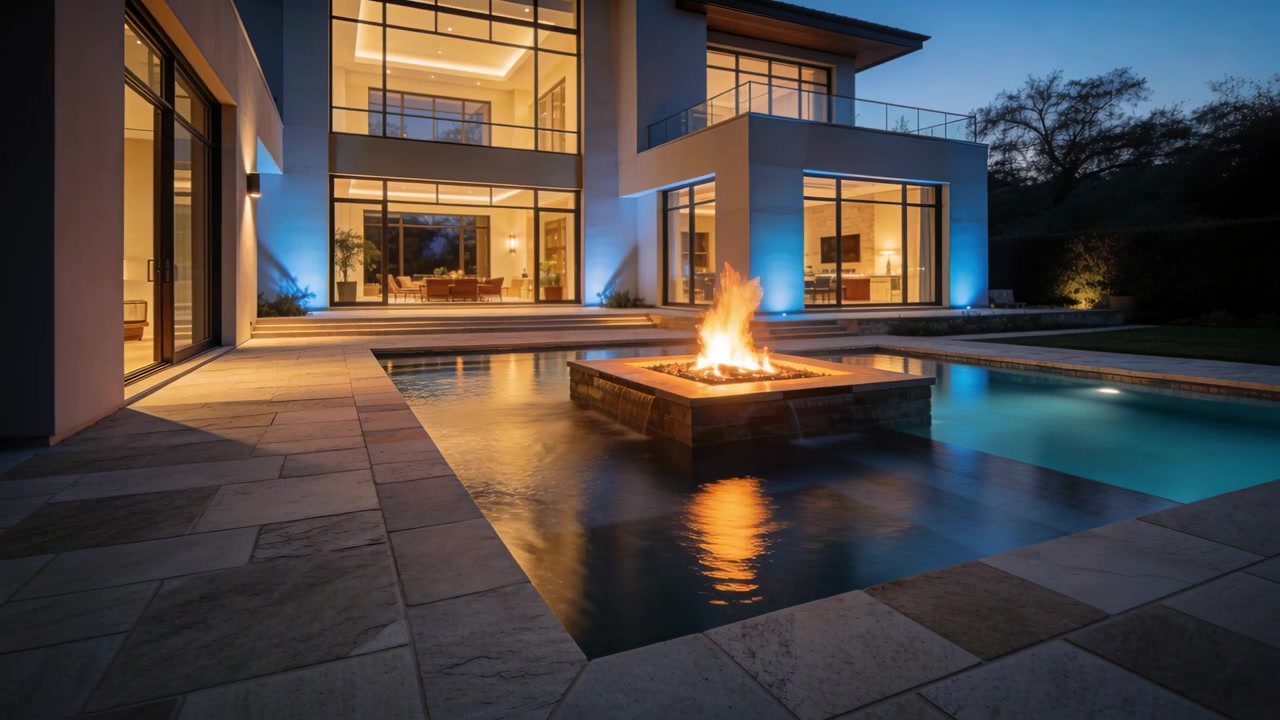 Burning fire pit casting warm light, flickering flames and rippling pool reflections at dusk, home