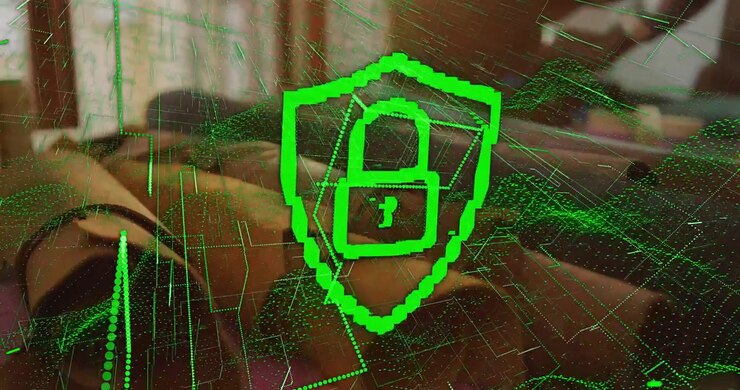 Man lying on bed system activating with green grid forming padlock over torso locking health data