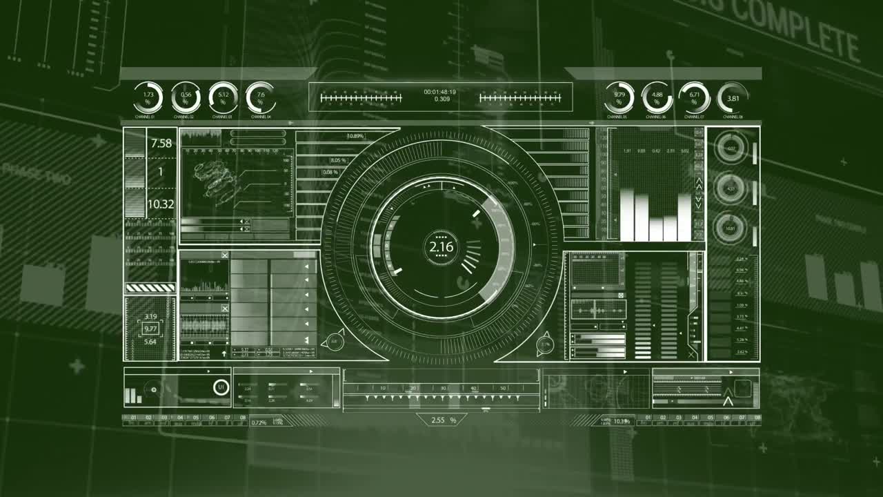 animación del procesamiento de datos y el registro de estadísticas sobre fondo verde