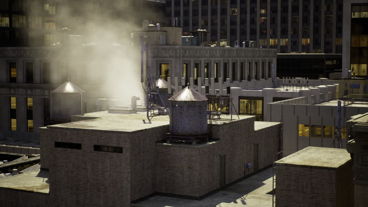 Urban rooftop with water towers and steam rising during the evening