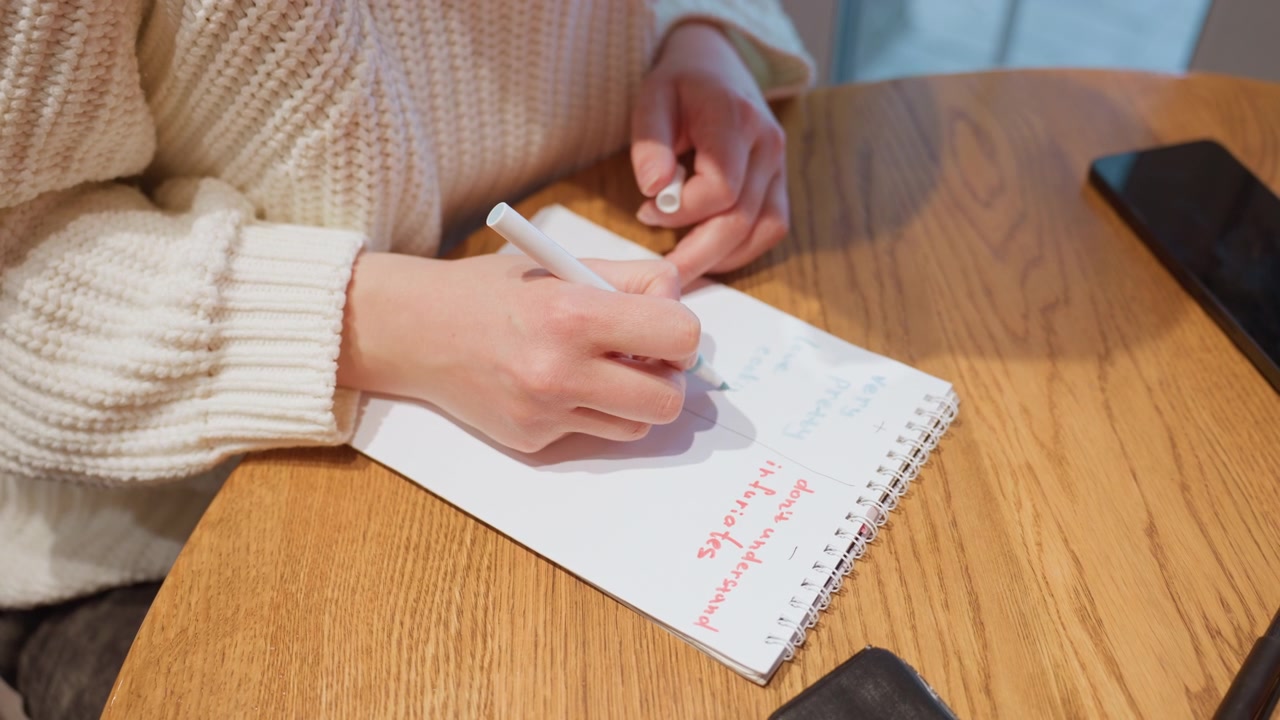 Nærbillede af hænder, der skriver i en notesbog med en blå tusch