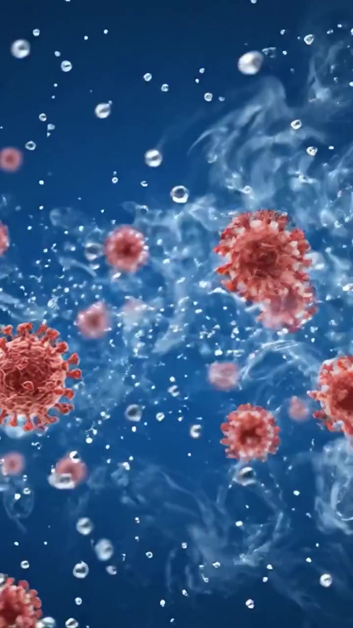 Detailed Representation of a Virus Under an Advanced Microscope, Capturing Intricate Structures and Varied Sizes in a Vivid Blue Background