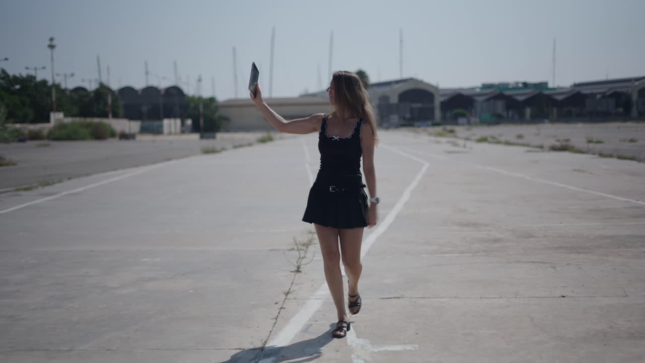 Young woman taking selfies on a street
