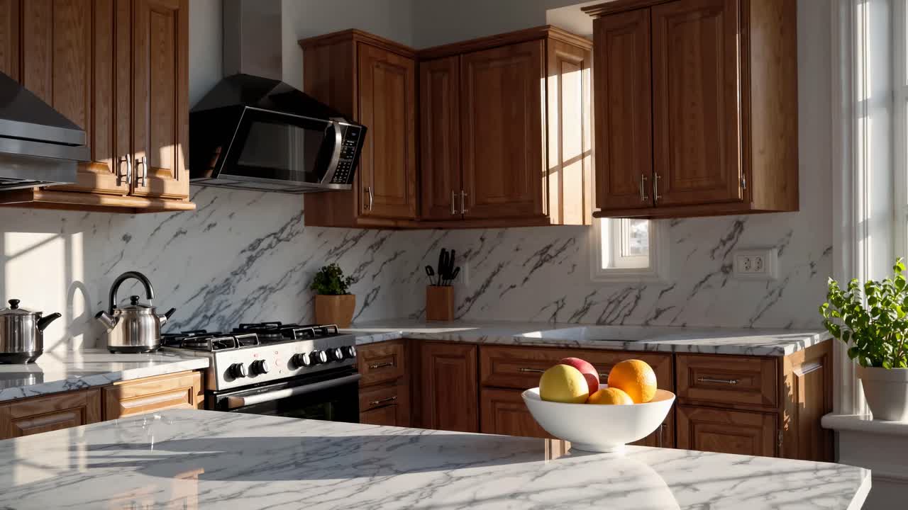 Cucina moderna con ripiani in marmo e mobili in legno