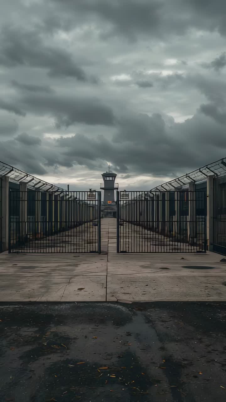 Vertical video: Shifting clouds dimming light over site entry, showing double gate and watch tower
