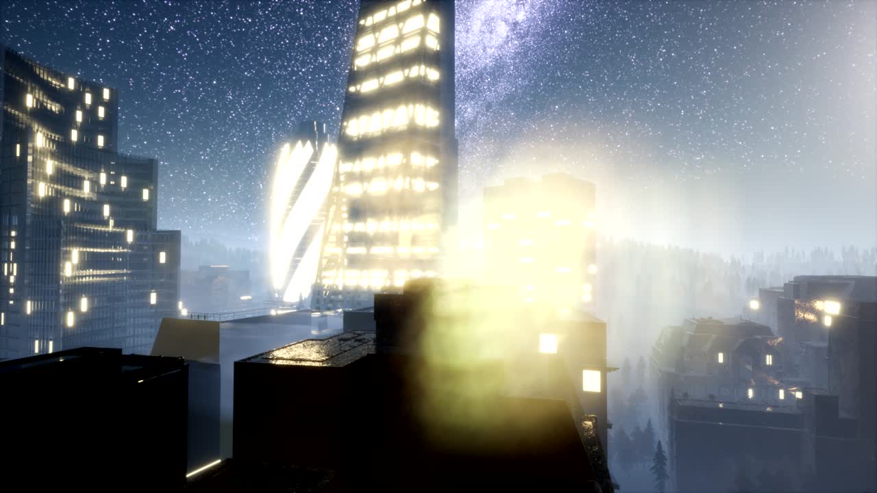 밤에는 은하계의 별들과 함께 도시의 마천루