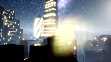 rascacielos de la ciudad por la noche con estrellas de la vía láctea