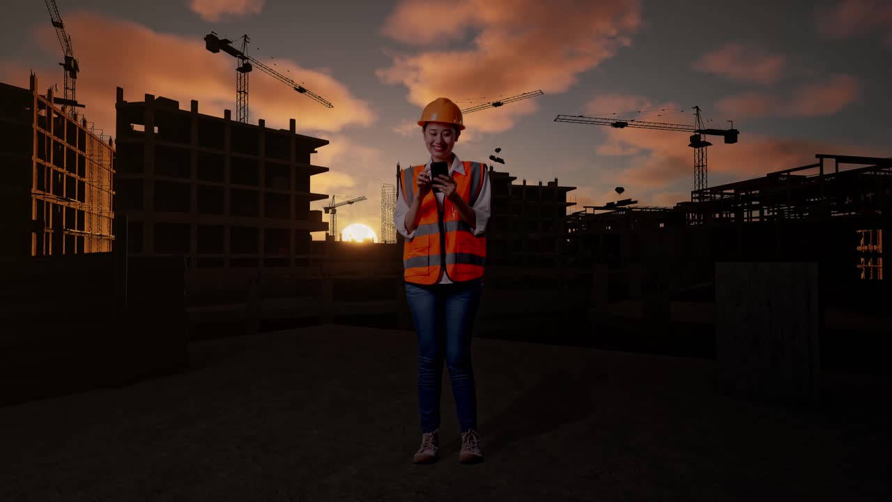 Full Body Of Asian Female Engineer With Safety Helmet Using Smartphone While Standing At Construction Site in Progress to New House