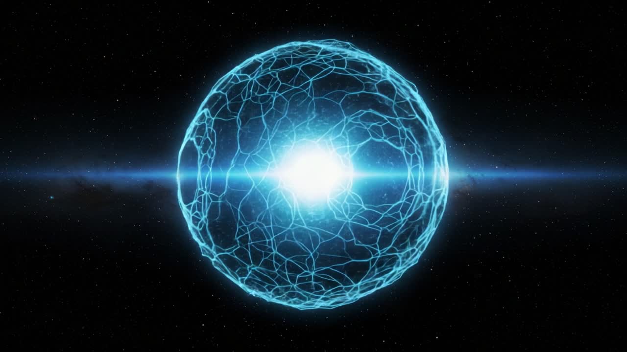 A mesmerizing blue energy sphere radiating luminous light, surrounded by a dark cosmic backdrop, captures the essence of boundless energy and interconnectedness in the universe