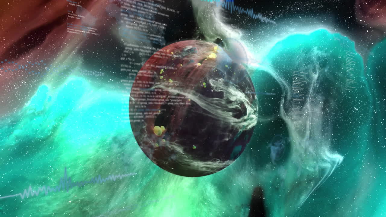 Planet with swirling colors and data streams in cosmic space animation