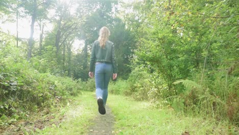 following girl walking nature trail in bright sunlight, tracking, slow motion