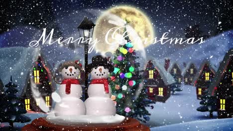 Animation-of-christmas-greetings-text,-snow-falling-over-snow-globe-with-snowmen-in-winter-scenery