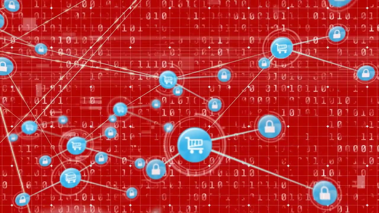 Digital Network of E-commerce Shopping Cart and Security Lock Icons
