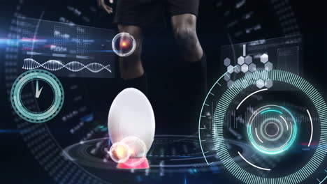 animation of rugby player kicking ball with scope scanning and data processing