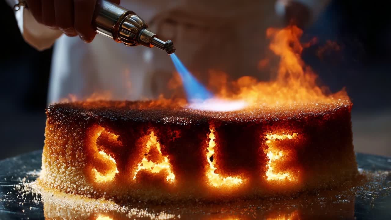A deliciously crafted cake with the word 'SALE' artistically burnt onto its surface, showcasing an interplay of fire and sweetness, enticing all dessert lovers to indulge in this unique treat