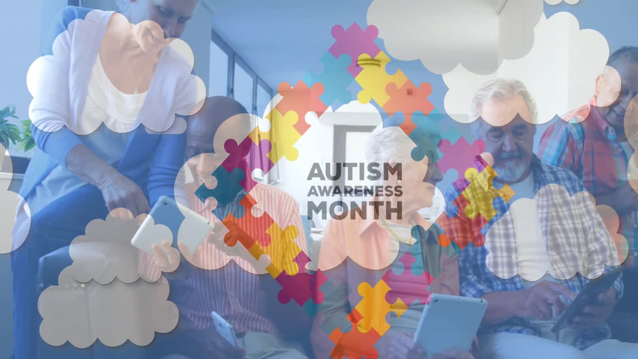 다채로운 퍼즐 조각과 자폐증 텍스트의 애니메이션이 전자 장치를 사용하는 고령 친구들 위에