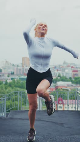 a joyful runner embracing fitness and health while jogging on a roof overlooking a scenic urban landscape, capturing the essence of energy and determination
