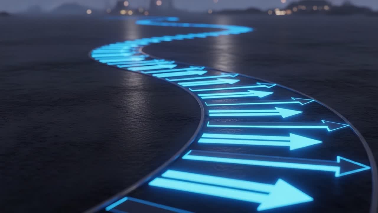 A Glowing Pathway: Captivating Blue Arrows Illuminate the Way on a Serene Landscape, Guiding the Eye Through a Mystical Environment in Two Frames