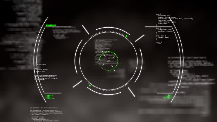 Animation of scope scanning and financial data processing over dark background