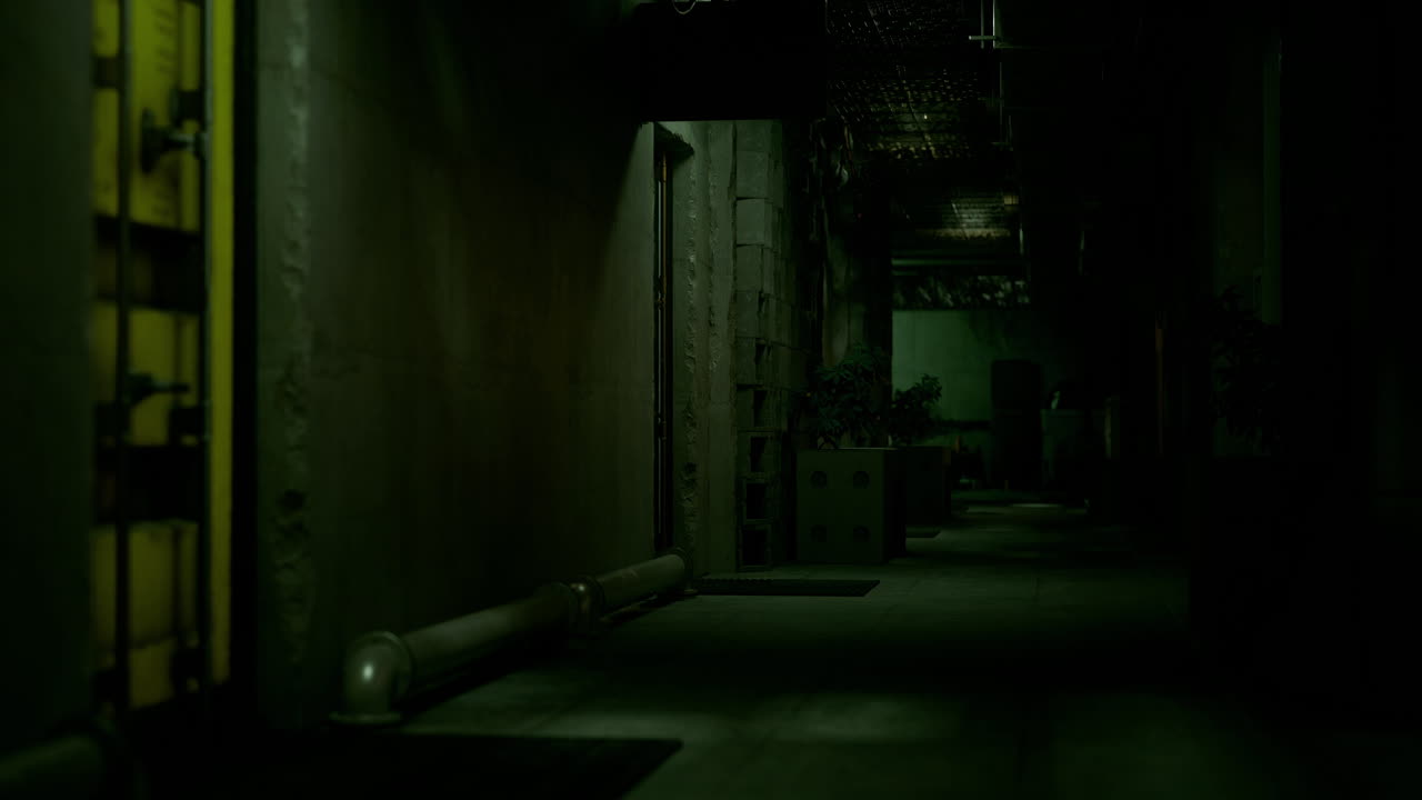 Dimly lit corridor in an industrial setting shrouded in shadows