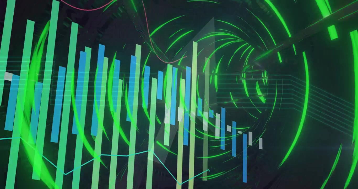 Camera moving forward, rings rotating, bars sliding, visualizing data flow, transparent background