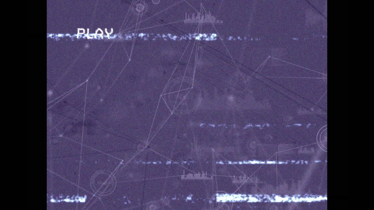 animación de la interfaz digital de reproducción en pantalla con una red de conexiones en fondo púrpura